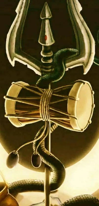 Mystical phone wallpaper of trishul, drum, and serpent.