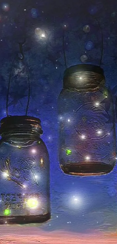 Mason jars hanging under a starry night sky with a tranquil glow.