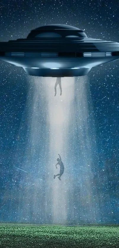 UFO abduction art with night sky and two figures caught in a beam.