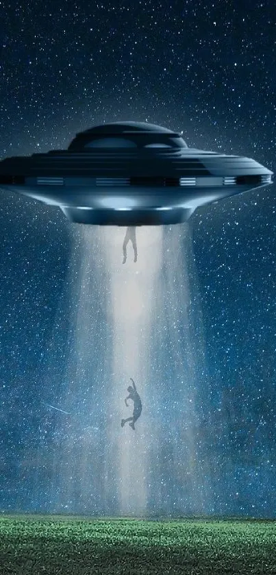 UFO abduction scene on starlit night wallpaper.