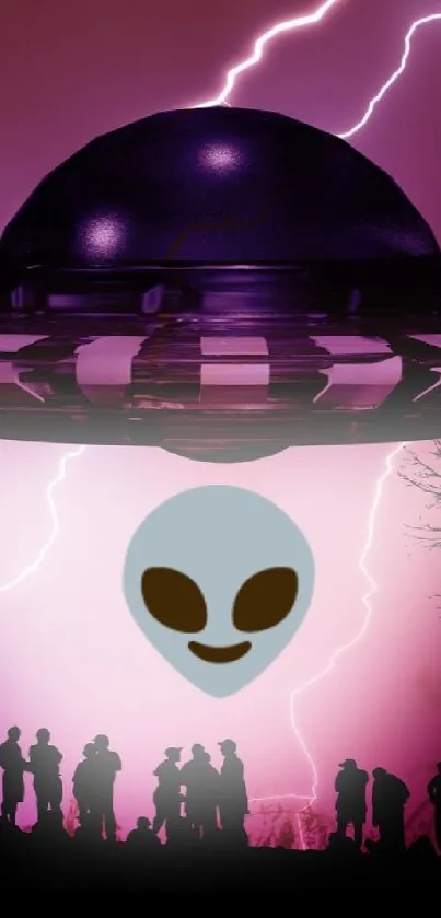 UFO and alien silhouette in purple lightning sky.
