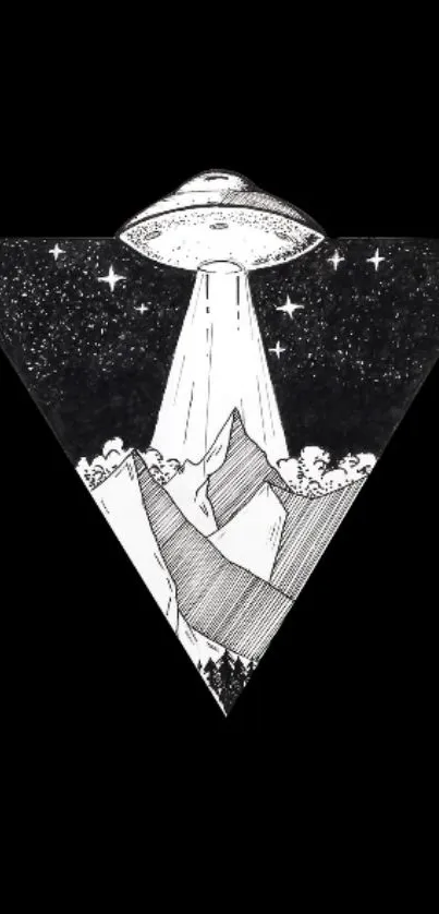 Black and white UFO illustration with geometric design on mobile wallpaper.