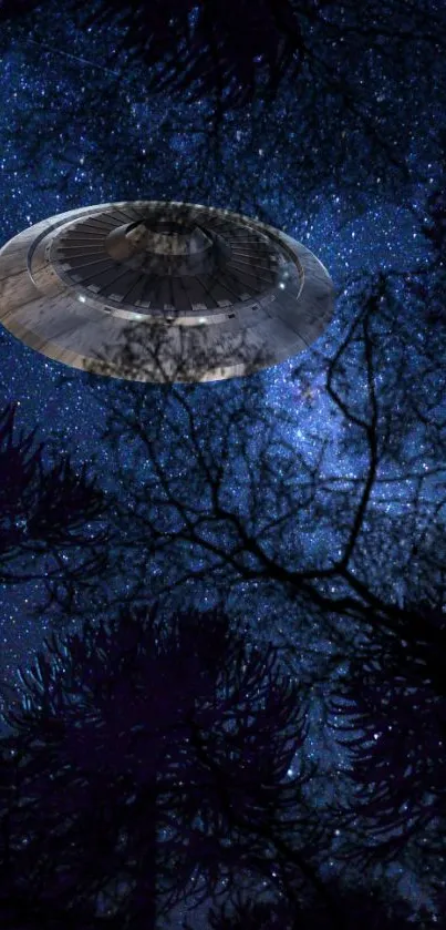 UFO flying over a starry night sky with tree silhouettes.