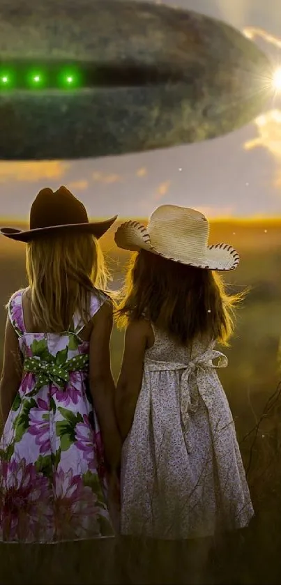 Two girls watching a UFO in a sunset field with a mystical, dreamy atmosphere.