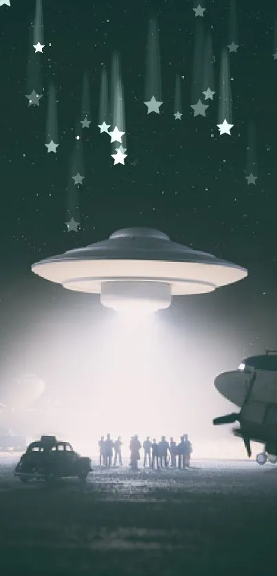 UFO hovers over people with planes under a starry sky, radiating light below.