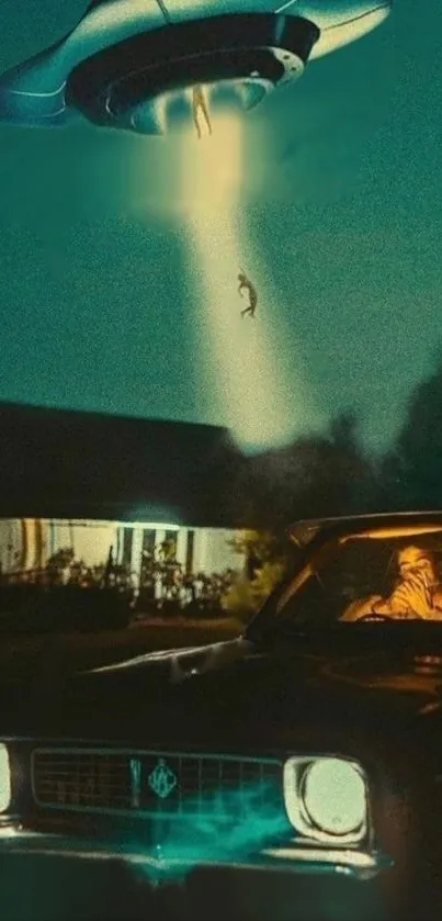 UFO abduction scene with glowing light on a dark teal night.