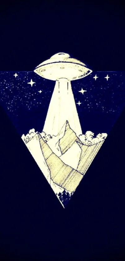 Mystical UFO over mountains in starry night triangle design.