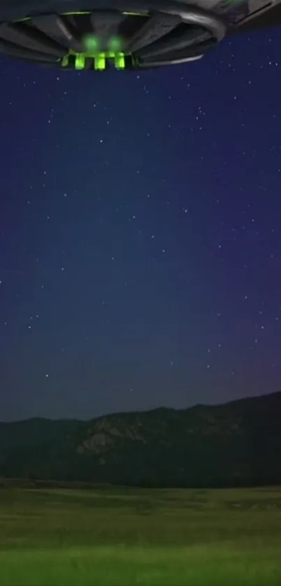 UFO hovering over starry night sky landscape.