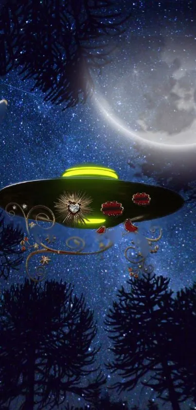 UFO flying under a starry sky with silhouetted trees.