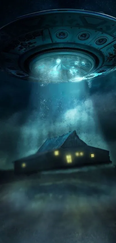 UFO hovering over a house at night.