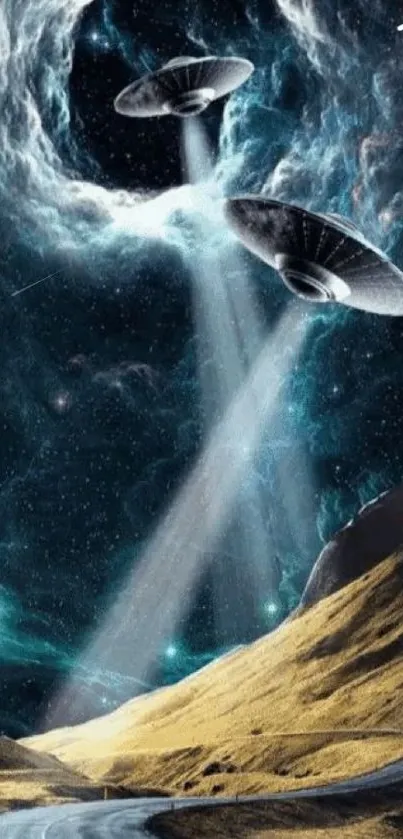 UFOs hovering over a starry landscape with a winding road.