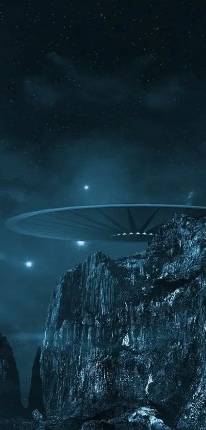 UFO hovers over mystic mountains under a dark starry sky.