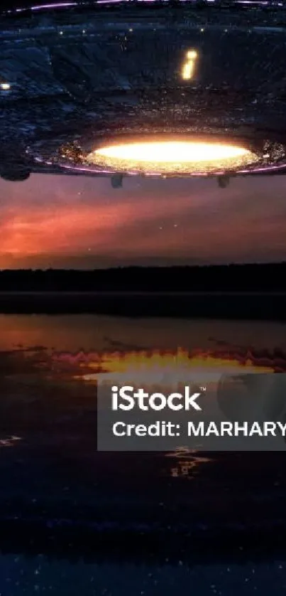 UFO hovering over a dark lake at twilight.