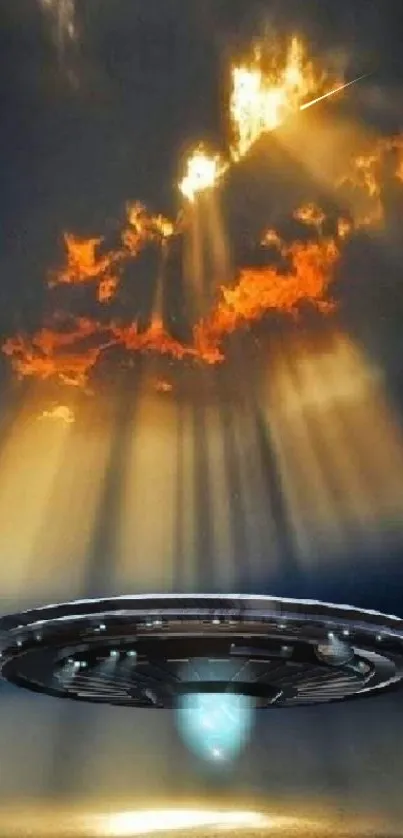 UFO rising with light beams through fiery clouds.