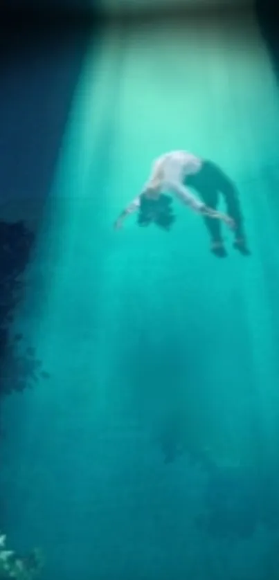 Floating figure in mystical teal underwater scene.