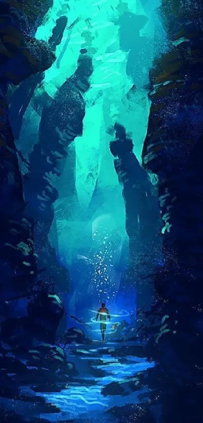 Mystical underwater scene with vibrant blues and cave formations.