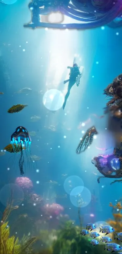 Mystical underwater world with colorful marine life and a diver.