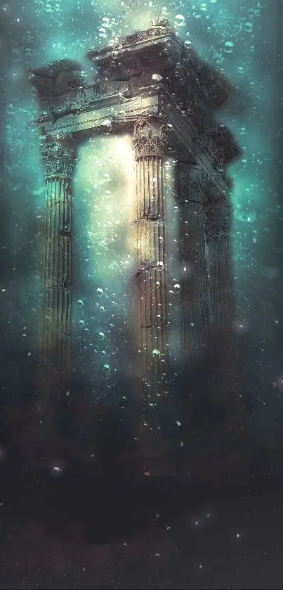 Ethereal ancient ruins submerged underwater with mystical columns and glowing bubbles.