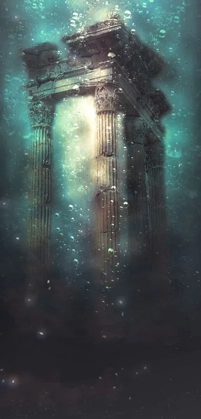 Mystical underwater ancient ruins with turquoise glow.