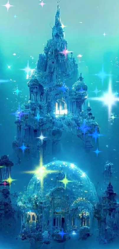 Surreal underwater castle with mystical blue hues.