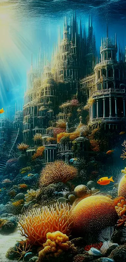 Underwater cityscape with coral reefs and sunlight.