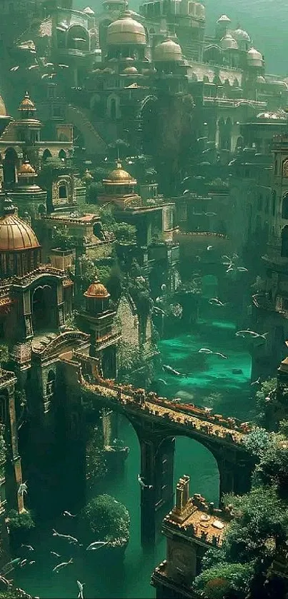 Mystical underwater cityscape with teal hues and intricate architecture.