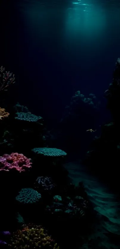 Deep underwater scene with vibrant corals and dark blue waters.