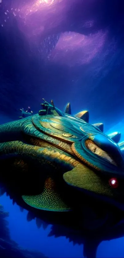 Fantasy artwork of a large underwater creature in deep blue ocean.