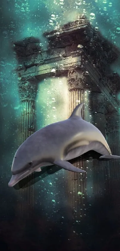 Dolphin swimming near ancient underwater ruins.