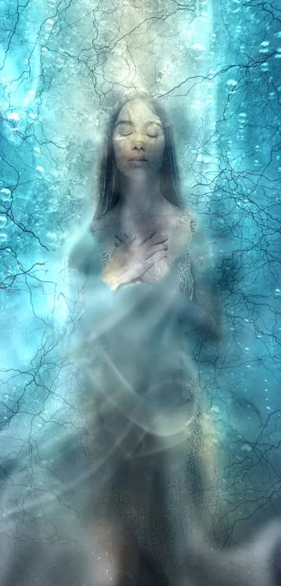 Ethereal underwater scene with mystical aura and calming blue tones.