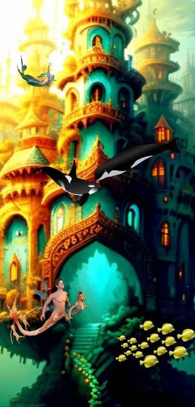 Mystical underwater scene with castle and marine life in vibrant colors.