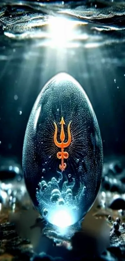 Mystical glowing egg with trident underwater.