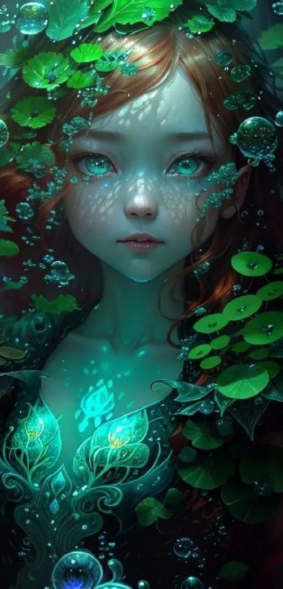 Fantasy artwork of a mystical fairy with vibrant greenery underwater.