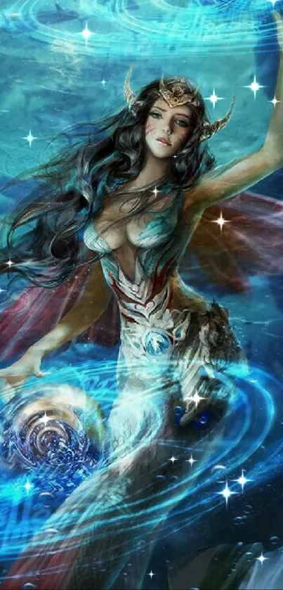 Fantasy goddess in an underwater realm with swirling water.