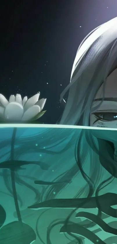 Mystical underwater art with half-submerged figure, white hair, and water lily.