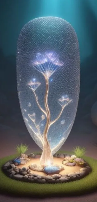 Ethereal tree in underwater fantasy setting with glowing elements.