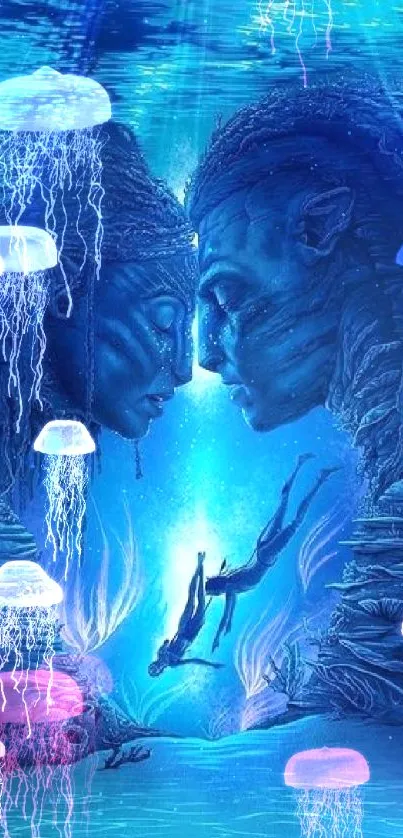 Mystical underwater scene with two beings facing each other, surrounded by sea life.