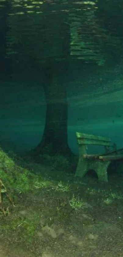 Mystical underwater forest with park bench and trees.