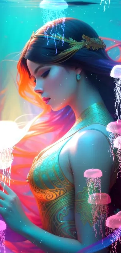 Mystical underwater goddess with vibrant colors and gold patterns.