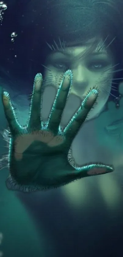 Mystical underwater hand reaching through emerald waters.