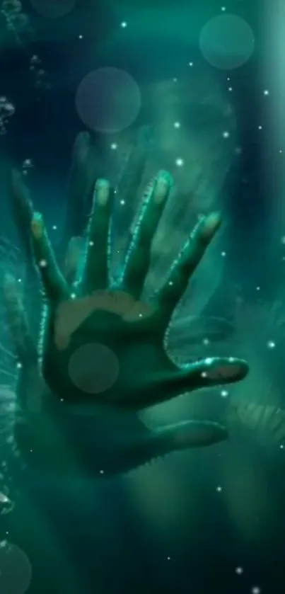 Mystical underwater hand with bubbles in teal tones.