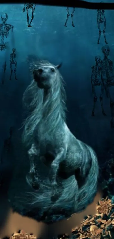 Mystical horse underwater with skeletons, dark blue theme.