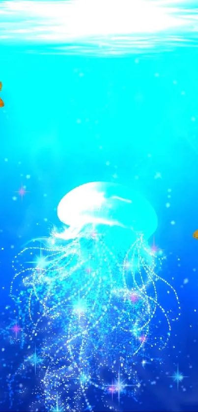 Vivid underwater wallpaper with jellyfish and orange fish.