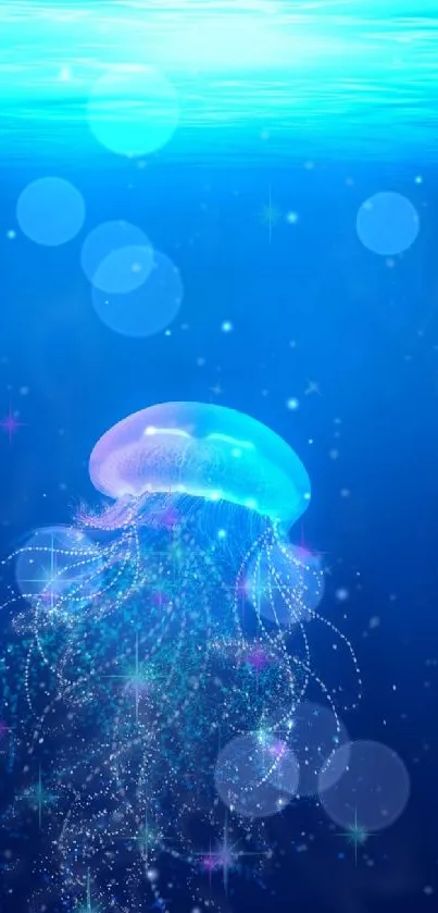 Blue underwater scene with a glowing jellyfish.