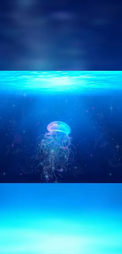 Luminescent jellyfish glows in deep blue ocean wallpaper.