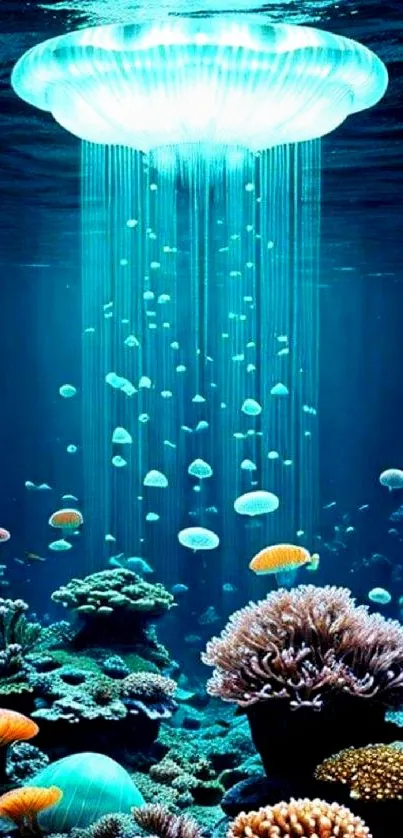 Vibrant underwater scene with jellyfish and corals