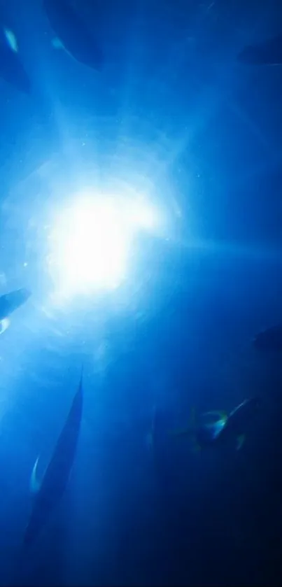 A mystical underwater scene with glowing light rays in the deep blue ocean.