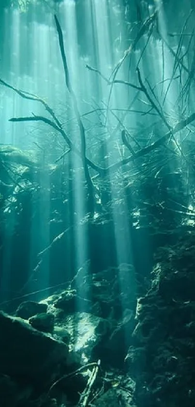 Mystical underwater scene with beams of light penetrating water.