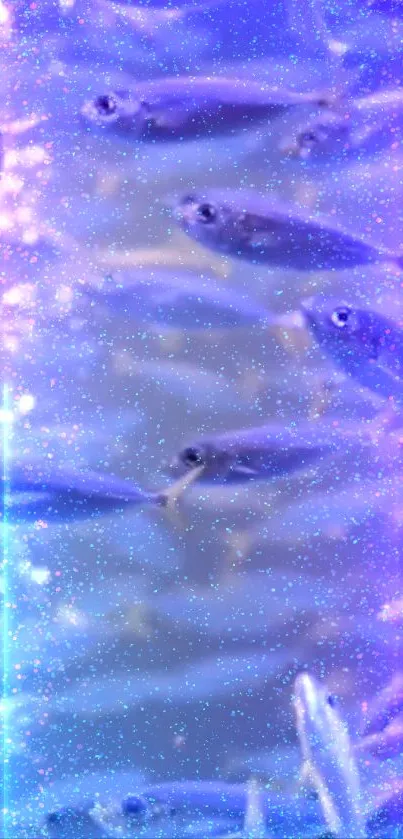 Shimmering fish swim through blue light in aquatic mobile wallpaper.