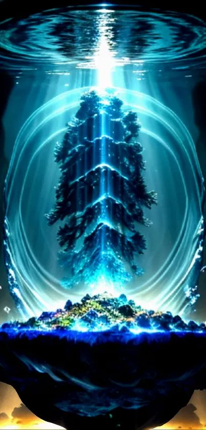 Mystical underwater tree with blue light glowing.